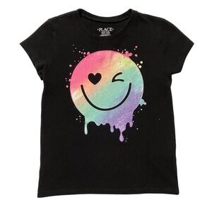 Children's Place T-Shirt Black Wink Sparkly Colorful Emoji Girls Sz 5/6 (S) EUC